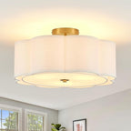 Modern Semi Flush Mount Ceiling Light 18" Modern Gold Drum Ceiling Lighting Fixture with Linen Shade Vintage Ceiling Lamp for Living Room, Bedroom, Kitchen, Dining Room, Hallway, and Entryway