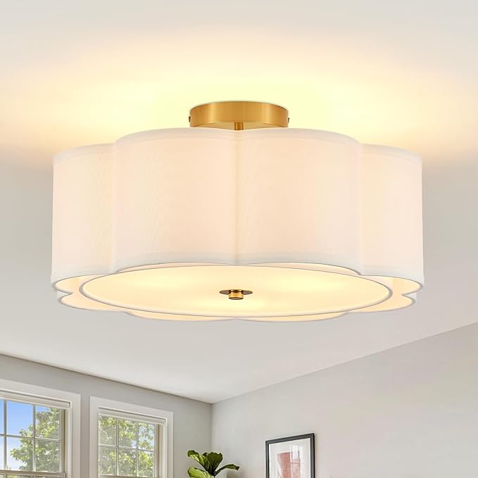 Modern Semi Flush Mount Ceiling Light 18" Modern Gold Drum Ceiling Lighting Fixture with Linen Shade Vintage Ceiling Lamp for Living Room, Bedroom, Kitchen, Dining Room, Hallway, and Entryway