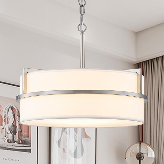 15.7" Modern Drum Chandelier Ceiling Light Fixture,3-Light Drum Pendant Light with White Fabric Shade,Adjustable Brushed Nickel Dining Room Chandelier for Kitchen Island Over Table Bedroom,E26
