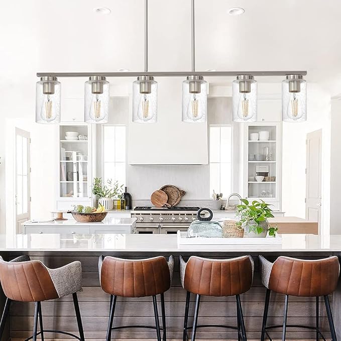 TODOLUZ 6-Lights Farmhouse Chandelier Island Lighting with Seeded Glass Shade, Modern Hanging Ceiling Light Fixtures for Kitchen Bar in Brushed Nickel