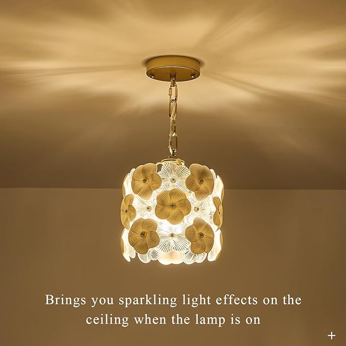 Gold Glass Pendant Light with White Ceramic Flowers, 1-Pack Luxury Small Ceiling Pendant Light Fixture 1-Light for Kitchen Island Sink Dining Room Entryway Hallway, E26