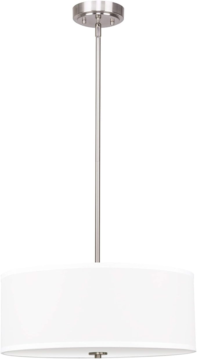 Kira Home Nolan 18" Classic 3-Light Drum Pendant Chandelier, White Fabric Shade + Round Glass Diffuser, Adjustable Height, Brushed Nickel Finish