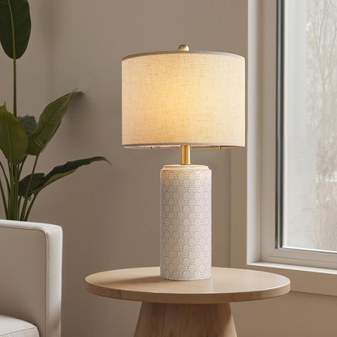 23" Ceramic Table Lamp Set of 2, Modern Farmhouse Bedside Lamps for Bedroom, White Nightstand Lamps for Living Room, Rustic End Table Desk Lamps with Rocker Switch, Home Office Décor