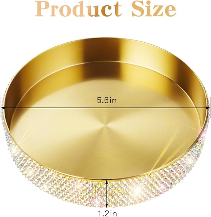 Round Bling Stainless Steel Serving Tray, Shiny Serving Platter for Coffee Table Display, Glitter Rhinestones Decorative Tray for Home Decor (Golden-5.5 inch)