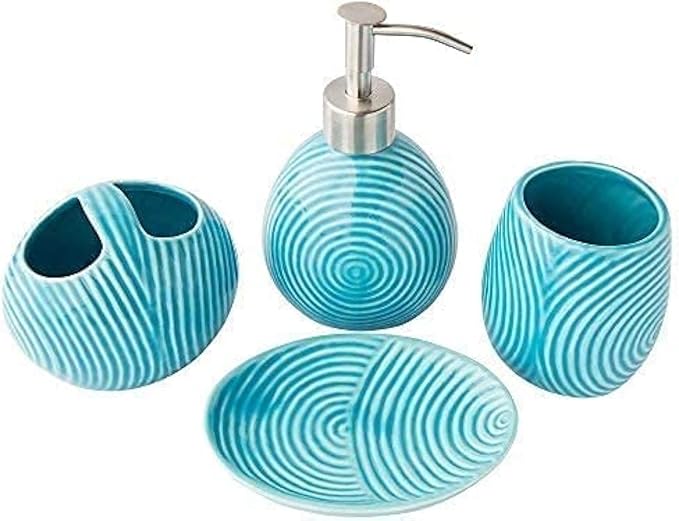 Designer 4 Piece Bathroom Accessory Set by Comfify – Ceramic Bath Set w/Liquid Soap or Lotion Dispenser, Toothbrush Holder, Tumbler and Soap Dish – Decorative Set w/Embossed Details – Blue