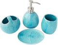 Designer 4 Piece Bathroom Accessory Set by Comfify – Ceramic Bath Set w/Liquid Soap or Lotion Dispenser, Toothbrush Holder, Tumbler and Soap Dish – Decorative Set w/Embossed Details – Blue