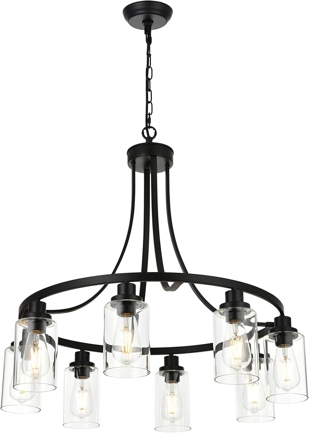 MELUCEE Black Chandelier 8 Lights, Kitchen Island Lighting Industrial Chandelier with Clear Glass Shade, Farmhouse Pendant Light for Dining Room Living Room Bedroom