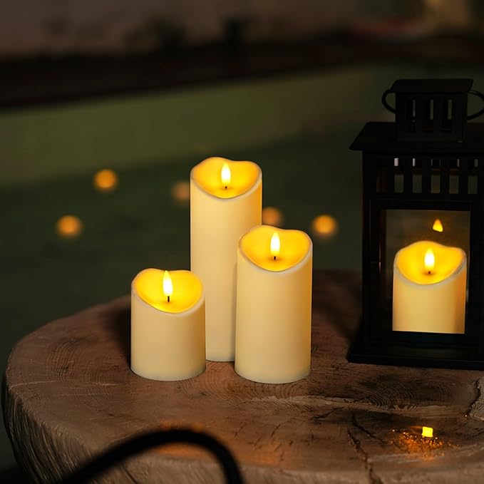 Homemory Flameless Candles with Timer and Remote Control, Battery Operated LED Candles, Realistic Fake Plastic Candles for Wedding, Festival, Home Decor, Waterproof Outdoor, D3”H4”6”8”, Dark Ivory