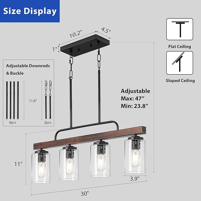 Farmhouse Dining Room Light Fixture, 4-Light Wood Kitchen Island Lighting, Industrial Chandeliers for Dining Room Over Table Black Pendant Light with Seeded Glass Shade for Bar Restaurant