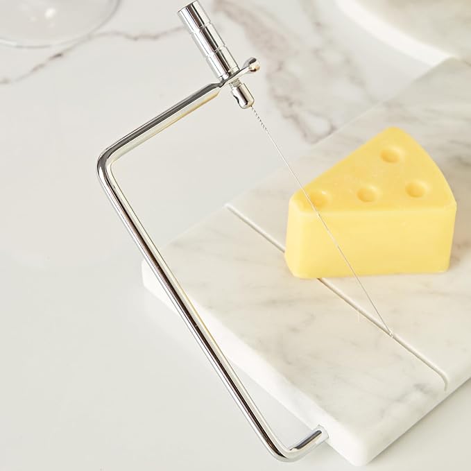 White Marble Cheese Board with Stainless Steel Slicer - Unique Grey Veining and Grooved Design White Marble Cheese Board, Cheese Cutting Serveware For Kitchen, 9.75" W x 8.5" D x 0.75" H