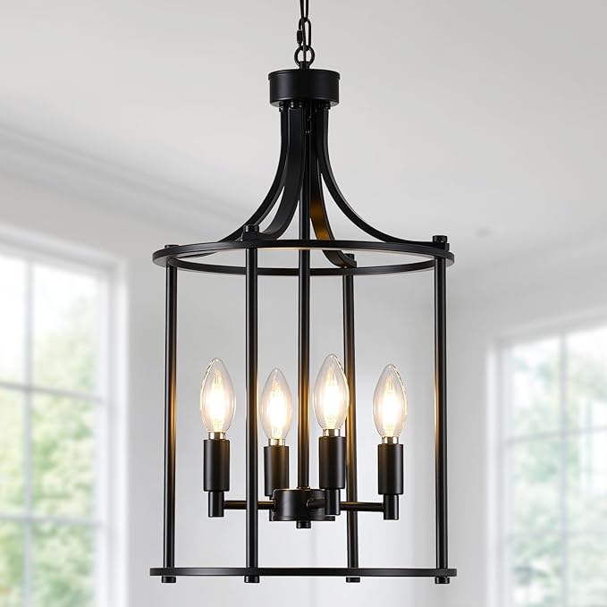 4-Light Black Chandeliers for Dining Room, Foyer Chandeliers Lantern Tiered Industrial Ceiling Light Metal Modern Farmhouse Pendant Lights for Kitchen Island Entryway, Living Room