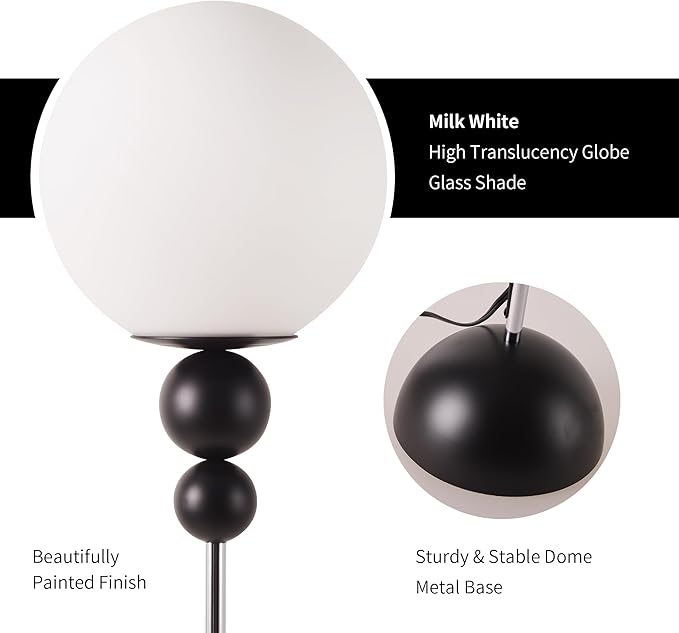 Modern Glass Floor Lamp for Bedroom, 63'' Vintage Mid-Century Floor Lamp with Milky White Frosted Glass Globe Shade for Living Room Corner, Slim Standing Reading Lamp for Office Decor (Black)