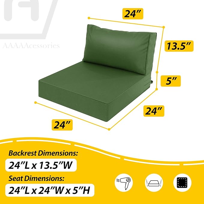 AAAAAcessories Outdoor Deep Seat Cushions, Waterproof, Fade-Resistant Patio Furniture Replacement Cushions, 24" x 24" x 5" + 24" x 13.5", Set of 2, Dark Moss Green