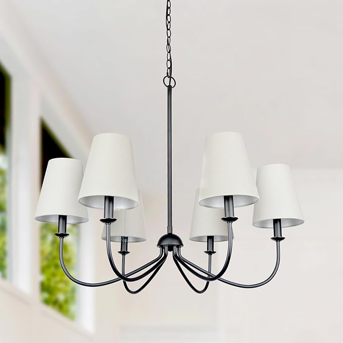 Chandelier, Matte Black with Linen Fabric Shade, 6-Light 28" Modern Farmhouse Linear Pendant Lighting Fixture for Kitchen Island (Black)