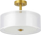 XiNBEi Lighting Drum Semi Flush Mount Ceiling Light, 3 Light Semi Flush Light, 16" Close to Ceiling Light with Fabric Shade Gold Brass Finish for Living Room & Bedroom XB-SF1194-GB