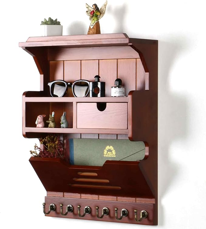 Key Holder for Wall, Mail and Key Holder, Mail Organizer Wall Mount with Storage Drawer and 6 Hooks, Easy Installation Key Rack for Entryway and Home Decor, Luxury Auburn