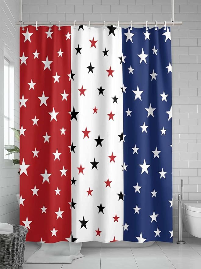 4th of July Shower Curtain, Patriotic Stars Stripes Shower Curtains Set with Hooks, Red White and Blue Independence Day Waterproof Fabric Bathroom Curtains Decor Home Accessories,Stall 36 X 72 Inch