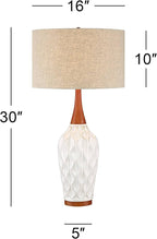 360 Lighting Rocco Mid Century Modern Table Lamp 30" Tall White Wave Geometric Ceramic Oak Wooden Neck Tan Fabric Drum Shade for Living Room Bedroom House Bedside Nightstand Home Office