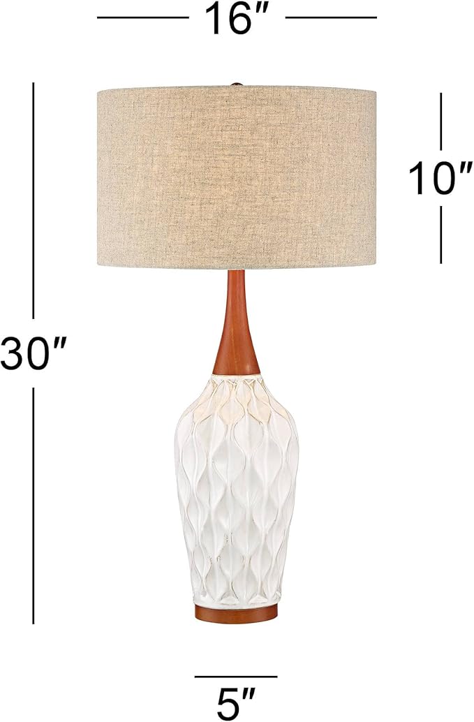 360 Lighting Rocco Mid Century Modern Table Lamp 30" Tall White Wave Geometric Ceramic Oak Wooden Neck Tan Fabric Drum Shade for Living Room Bedroom House Bedside Nightstand Home Office