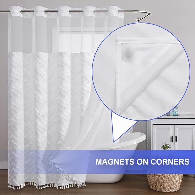 No Hook Shower Curtain Liner Set, Snap in Hookless Shower Curtain with Tassels, Ringless Chevron Tufted Fabric Boho Bathroom Curtains, Mesh Top Window Hotel Style Bath Curtains 74" x 71", White