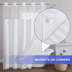 No Hook Shower Curtain Liner Set, Snap in Hookless Shower Curtain with Tassels, Ringless Chevron Tufted Fabric Boho Bathroom Curtains, Mesh Top Window Hotel Style Bath Curtains 74" x 71", White