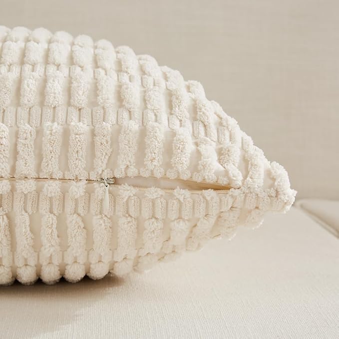Fancy Homi Cream Lumbar Decorative Throw Pillow Covers 12x24 Inch for Living Room Couch Bed Sofa, Rustic Farmhouse Boho Home Decor, Soft Striped Corduroy Rectangle Cushion Case 30x60 cm