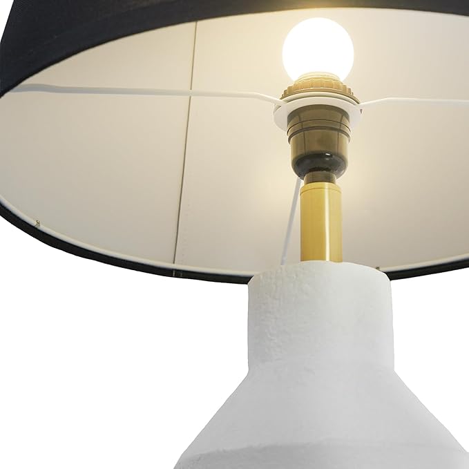 29.7" Modern Table Lamp, Single Farmhouse Rustic Bedside Lamp, White Cement lamp Base with Black Linen Shade, for Bedroom, Living Room Office Kids