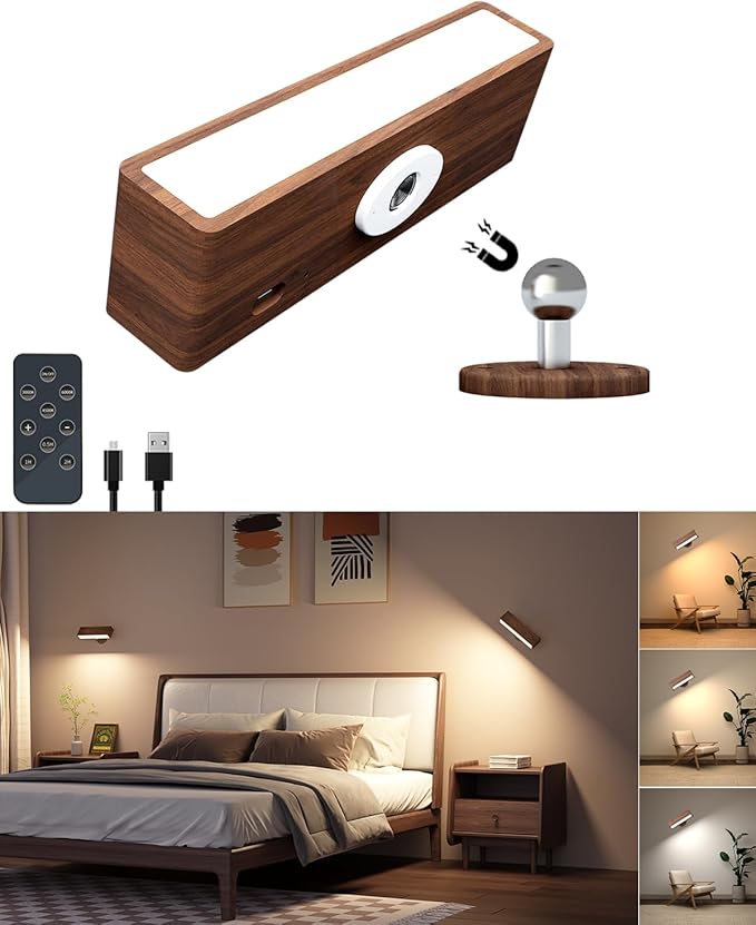 Battery Operated Wall Sconce with Remote Control, Rechargeable Wall Lights for Bedroom,Wood Wall Light Dimmable,Cordless Wall Mount Lamp with 3Color Temperature for Bedroom,Bedside Reading