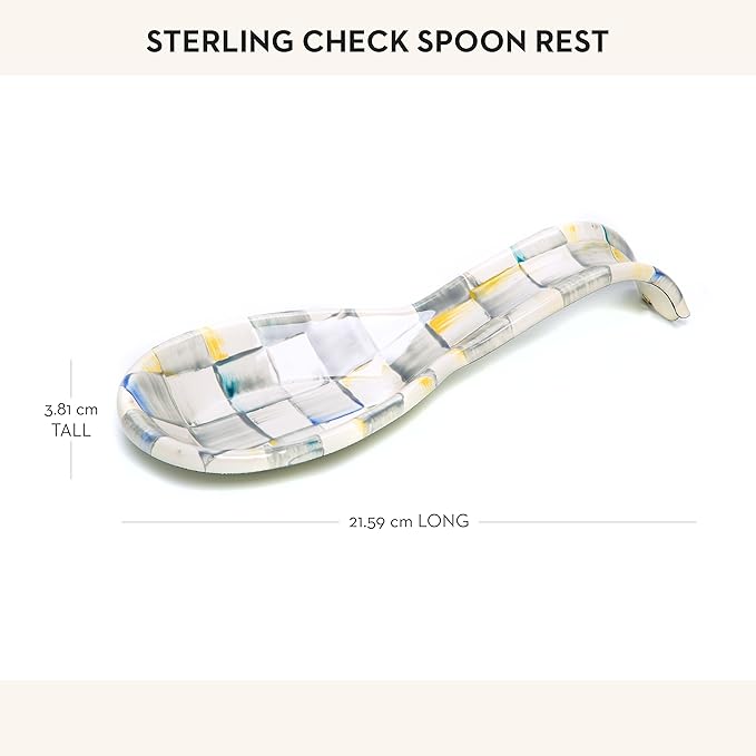 MACKENZIE-CHILDS Enamel Spoon Rest, Kitchen Spoon Holder and Utensil Rest for Stovetop, Grey-and-White Sterling Check