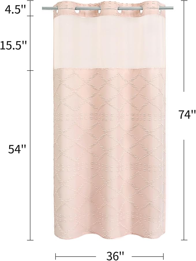 No Hooks Boho Light Pink Woven Fabric Shower Curtain 36 x 74 Modern Farmhouse, Tufted Chevron Striped Shabby Chic Textured, Minimalist Hookless Shower Curtains for Bathroom, Hotel Decor