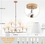9-Light Gold Chandelier Light Fixture with White Fabric Shades, 33 inch Modern Farmhouse Dining Room Light Fixtures, 2 Tiered Lantern High Ceilings Pendant Light for Foyer Entryway Living Room Kitchen