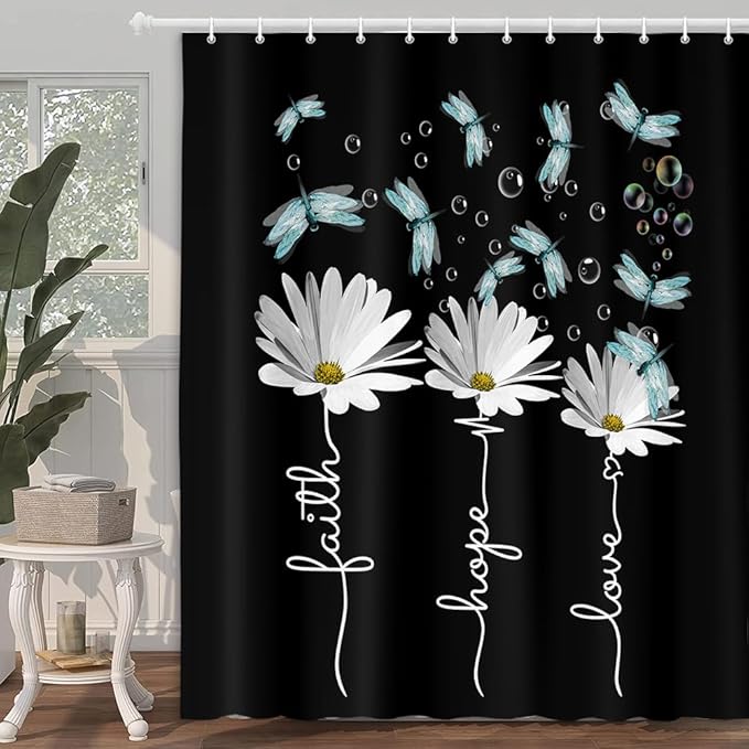 Rusitc Farmhouse Floral Balck White Shower Curtain, Farm Country Daisy Flower Dragonfly and Faith Hope Love Inspirational Words Shower Curtain Set, Turquoise Yellow Teal Bathroom Accessories, 36X70IN