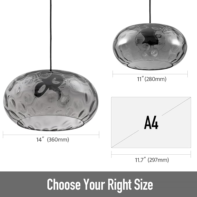 Smoked Grey Glass Pendant Lighting, 11" Hammered Lampshade Hanging Lamp, 1-Light Matte Black Chandelier for Dining Living Room Kitchen Island