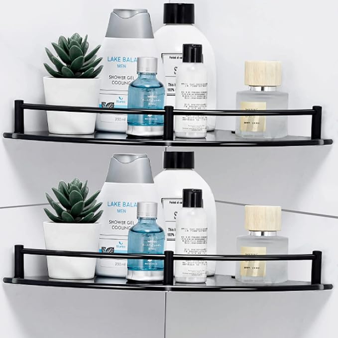 Bathroom Corner Shower Caddy, 9.5" Tempered Glass Bathroom Shelves for Wall Mounted, 2 Tier Glass Shower Caddy Organizer and Storage, Clear Corner Shelf wtih Black Rustproof Rail