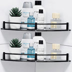 Bathroom Corner Shower Caddy, 9.5" Tempered Glass Bathroom Shelves for Wall Mounted, 2 Tier Glass Shower Caddy Organizer and Storage, Clear Corner Shelf wtih Black Rustproof Rail