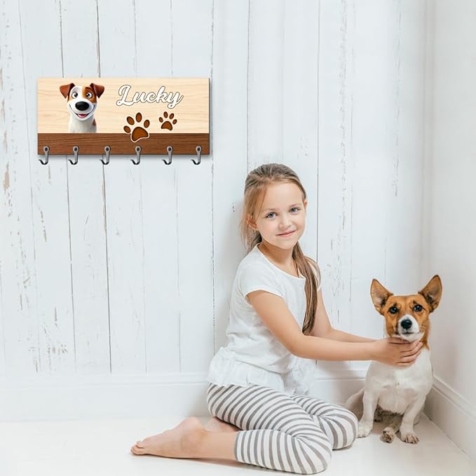 Personalized Dog Key Hooks Leash Holder Custom Dog Cartoon Portrait with Name Wall Mounted Home Key Hanger for Wall Entryway Pet Stuff Organizer Housewarming Home Decor Gifts for Pet Lovers