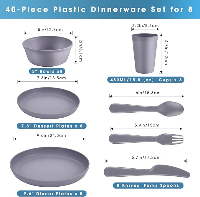 40-Piece Unbreakable Kids Dinnerware Set for Toddlers & Children, BPA-Free & Easy-Clean PP Plates and Bowls, Microwave & Dishwasher Safe, Complete Family Pack (Service for 8)