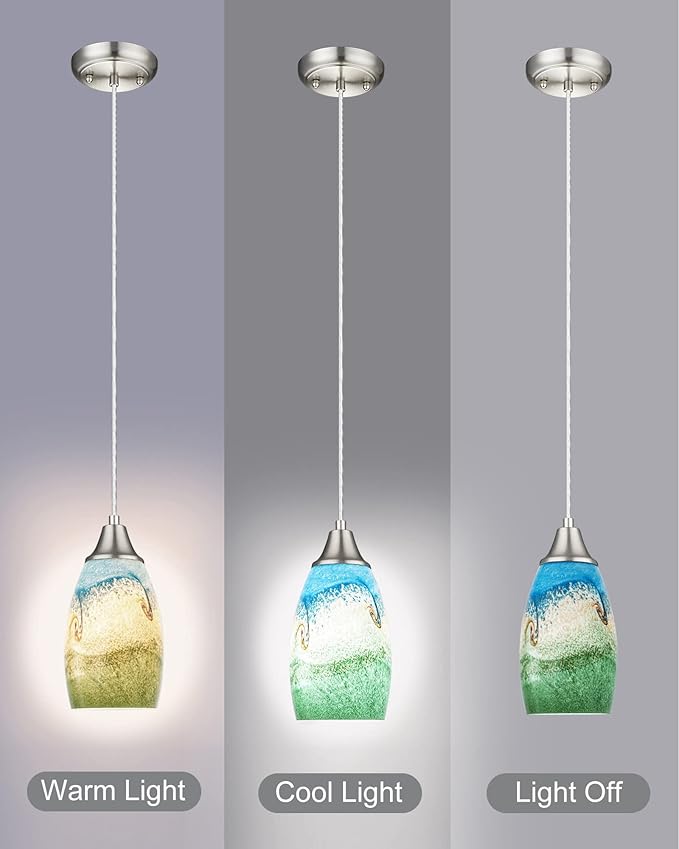Mini Glass Pendant Lights,Blown Art Glass Pendant Hanging Light Fixtures Kitchen Island Pendant Lamp Shade with Brushed Nickel Finish for Bar Counter,Hallway,Dining Room Multi color-1P
