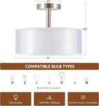 VONLUCE Semi Flush Mount Ceiling Light, 13'' Ceiling Light Fixture with 2-Layer Fabric Shade, 3-Light Modern Drum Light Fixture for Bedroom Living Room Entryway Hallway, White Shade & Nickel Finish