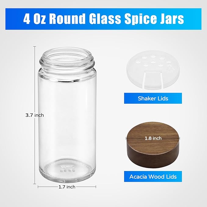 VIBRATITE 30 Pack Spice Jars with Acacia Lids, 4 oz Round Glass Jars Spice Containers Set with Labels, Pen, Funnel, Seasoning Storage Bottles with Shaker Lids for Rack, Cabinet, Drawer