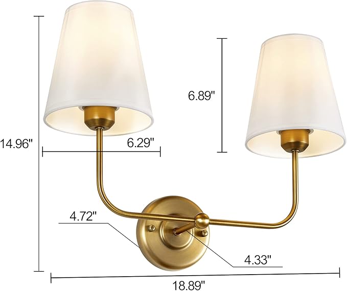 TERLEENART Double Light Wall Sconce with White Fabric Tapered Shades, 2-Light Antique Brass Sconce for Bathroom Vanity Hallway Stairway Living Room