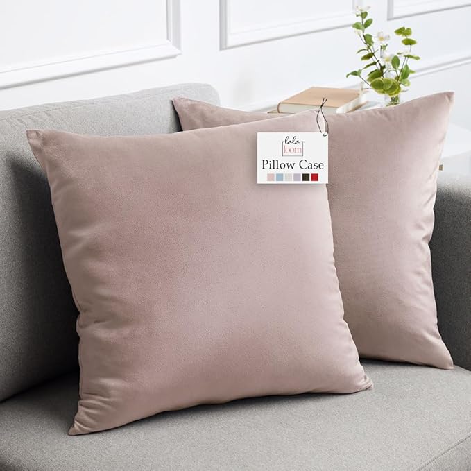 lalaLOOM Velvet Throw Pillow Covers, Set of 2, 18x18 Decorative Square Pillows Home Decor, Soft Accent Cases, Silky Machine Washable Pillowcases for Sofa, Couch, Bedroom, Living Room, Petal Pink