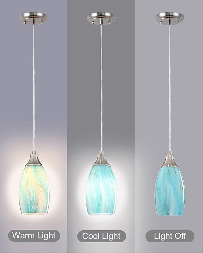 Mini Pendant Light,Handcrafted Art Glass Pendant Lighting Shade with Brushed Nickel Finished Teal Glass Ceiling Hanging lamp Adjustable Cord for Kitchen Island,Hallway,Dining Room