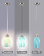 Mini Pendant Light,Handcrafted Art Glass Pendant Lighting Shade with Brushed Nickel Finished Teal Glass Ceiling Hanging lamp Adjustable Cord for Kitchen Island,Hallway,Dining Room