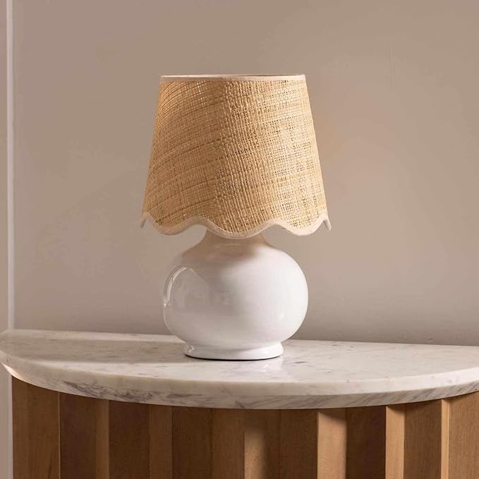 BoutiqueRugs Navarro Boho Ceramic Bedside Table Lamp for Bedroom Nightstand and Living Room - Shade Rattan - White, Beige - 13" H