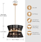 Shrine Lighting Black Boho Chandelier, Modern Design, Boho Drum Pendnat Light for Dining Room, D18'' x H12'', Adjustable 47'', E12*8 Sockets, Black Rope Lampshade&French Gold Finish Frame