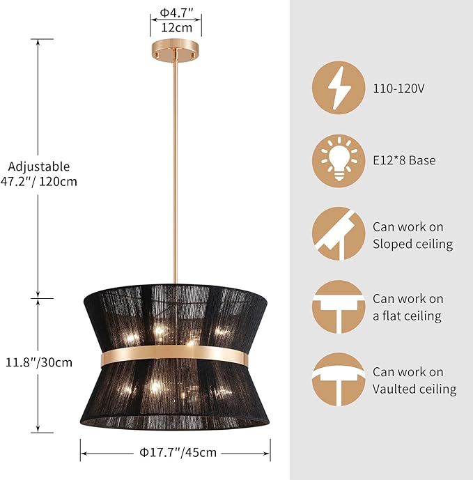 Shrine Lighting Black Boho Chandelier, Modern Design, Boho Drum Pendnat Light for Dining Room, D18'' x H12'', Adjustable 47'', E12*8 Sockets, Black Rope Lampshade&French Gold Finish Frame