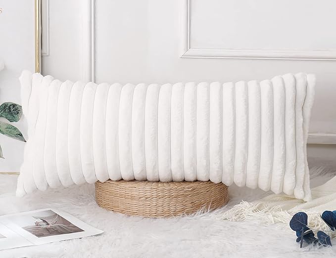 PANOD Faux Fur Decorative Lumbar Throw Pillow Covers 16 x 36,Plush Long Boho Lumbar Pillow Covers Pillow Case Cushion Case for Bed Sofa Farmhouse Livingroom,White