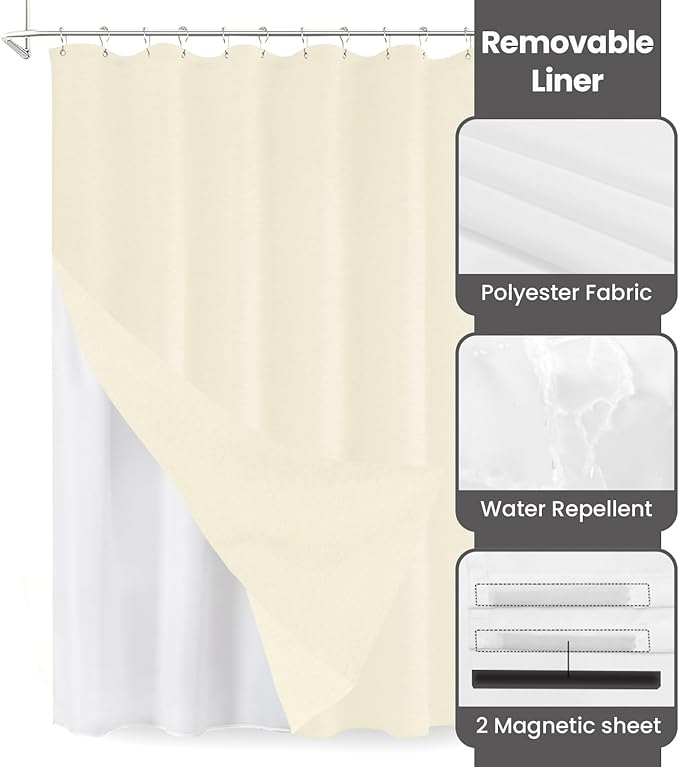 Inhousolu Boho Farmhouse Shower Curtain with Fabric Liner Set, Faux Linen Textured, 14 Metal Hooks Luxury Weighted Hem, Washable Wrinkle Free Bath Curtain for Hotel Bathroom 72" W x 72" L Ivory