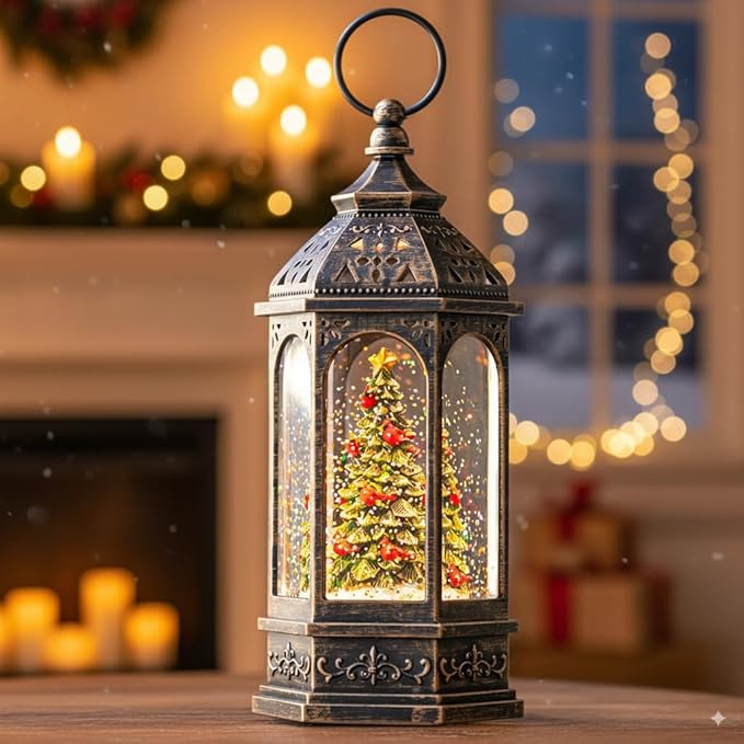 Christmas Snow Globe Lantern Water Glittering Christmas Tree with Cardinal, USB Lined/Battery Operated Lighted Lantern for Christmas Festival Decoration Gifts